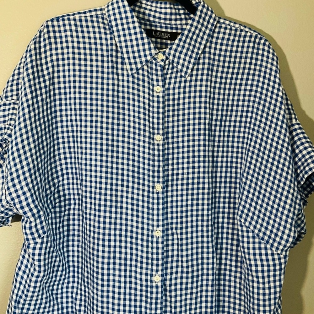 Lauren Ralph Lauren black label Blue White Short Sleeve Check Shirt Sz 2X  T48